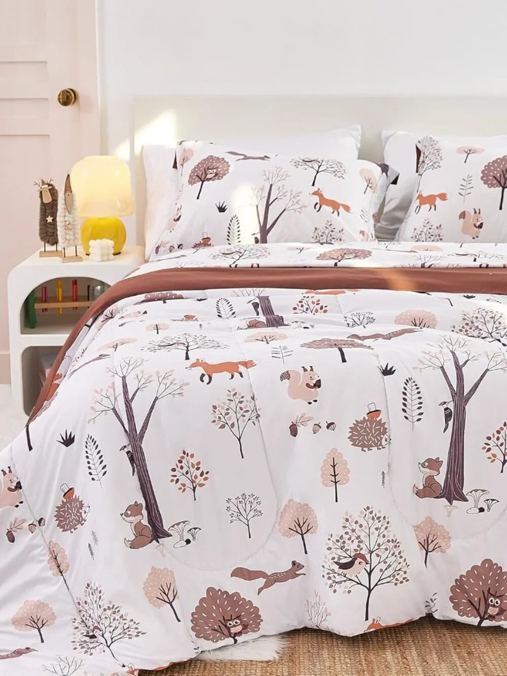 Kids Woodland Comforter Set for Boys Girls Twin Size, Cute Quilted Forest Animal